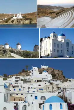 Clockwise from top: Church of Saint Irene, Odysseas Elytis Theatre,  Cathedral Church Of Ios, Chora Hill, Windmills in Chora