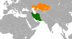 Map indicating locations of Iran and Kazakhstan