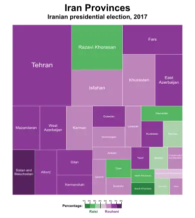 Iranian presidential election, 2017 by province. The size of each province is proportional to its population.