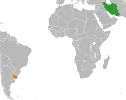 Map indicating locations of Iran and Uruguay