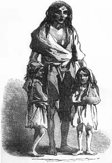 An 1849 depiction of Bridget O'Donnell and her two children during the famine.