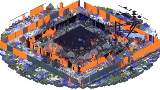 A render of 2b2t's spawn region as of June 2019, providing an alternative side view in an isometric projection of the render in the Culture section