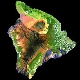 This satellite image shows how most of Puna is covered in a lush green canopy, with some visible lava flows in the District of Puna.