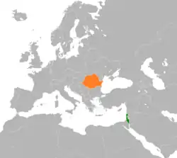 Map indicating locations of Israel and Romania