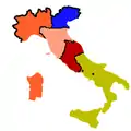 1860:   Kingdom of Sardinia   Kingdom Lombardy–Venetia   United Provinces of Central Italy  Papal States   Kingdom of the Two Sicilies After the annexation of Lombardy and before the annexation of the United Provinces of Central Italy