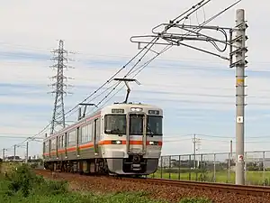 An image of a 313-1300 series electric multiple unit on the Taketoyo Line.