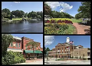 Clockwise from top left: waterfront along New River, LP Willingham Riverfront Park, Court Street, Onslow County Courthouse