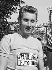 Jacques Anquetil wearing a cycling jersey with Saint-Raphaël–Helyett–Hutchinson insignia