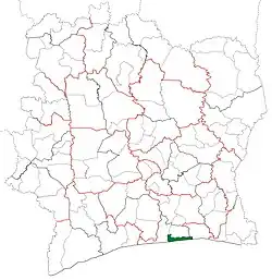 Location in Ivory Coast. Jacqueville Department has retained the same boundaries since its creation in 1998.