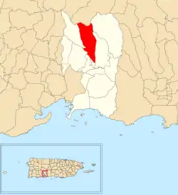 Location of Jaguas within the municipality of Peñuelas shown in red