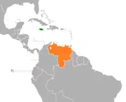 Map indicating locations of Jamaica and Venezuela