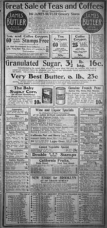 Print advertisement listing groceries and prices, and store addresses