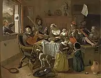 A mock-up of The Happy Family by Jan Steen (1668) with The Goldinch (outlined in white) on the window jamb to show how it might have been displayed.