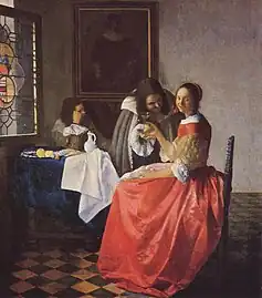 The Wine Glass, by Johannes Vermeer (1659–60). Vermeer used different shades and tints of vermilion to paint the red skirt, then glazed it with madder lake to make a more luminous color.