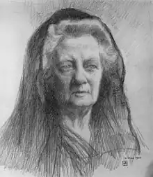 Drawing of Harrison in later life, wearing a hood.