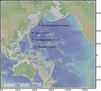 Image 40The map depicts the Kuril–Kamchatka Trench, Japan Trench, Izu–Ogasawara Trench, and Mariana Trench. (from Geography of Japan)