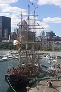 View of the stern, with Montreal buildings in the background