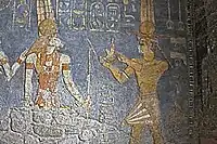 Lion-headed God Appademak with Pharaoh Taharqa (right) in the Jebel Barkal Temple of Mut.