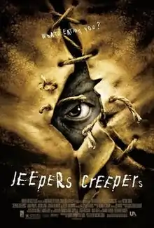 An eye peers through a stitching of human skin. Above it, the phrase "What's Eating You?", and below, "Jeepers Creepers".