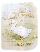 Drawing of a large white duck and four ducklings