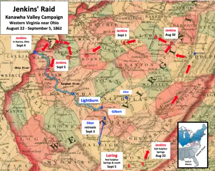 Old map showing positions of Union and Confederate armies, including the circular route made by Jenkins