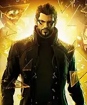 Cropped image of Adam Jensen facing camera wearing civilian clothes.