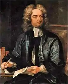 A man is sitting in a chair facing to the right. He is wearing a dark robe and has a powder wig on his head. His face is plump. In his right hand is a pen and his left hand is a document.