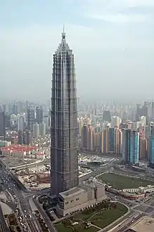 Jin Mao Tower from the Oriental Pearl Tower, with the SWFC under construction in 2005