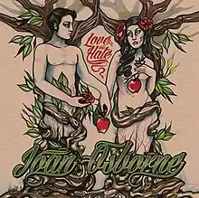 A drawing of Adam and Eve wrapped in tree brances and holding fruit