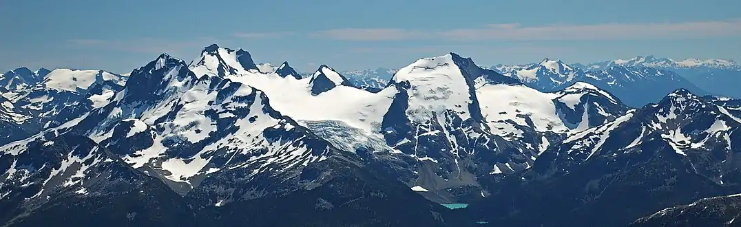 The Joffre Group: Joffre Peak (left), Mt. Matier (highest), Hartzell, Spetch, Slalok Mountain, Tszil, and Taylor (farthest right)