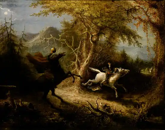 Image 14Headless HorsemanPainting: John QuidorThe Headless Horseman is a mythical figure who has appeared in folklore around the world since at least the Middle Ages. Depending on the legend, the Horseman is either carrying his head, or missing it altogether, and is searching for it. Examples include the dullahan from Ireland, who is a demonic fairy usually depicted riding a horse and carrying his head under his arm; the titular knight from the English tale Gawain and the Green Knight; and "The Legend of Sleepy Hollow," a short story written in 1820 by American Washington Irving which has been adapted into several other works of literature and film including the 1999 Tim Burton movie Sleepy Hollow.This picture, titled The Headless Horseman Pursuing Ichabod Crane, is an 1858 painting by American artist John Quidor, depicting a scene from "The Legend of Sleepy Hollow". It is in the collection of the Smithsonian American Art Museum in Washington, D.C.More selected pictures