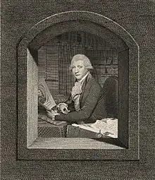 Seated engraved portrait at a library of John Thane, examining a print, a pile of manuscripts with seals to his left