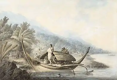 John Webber: A View in Ulietea (Raiatea), (French Polynesia), Watercolor with pencil and ink, without year (National Maritime Museum, London)