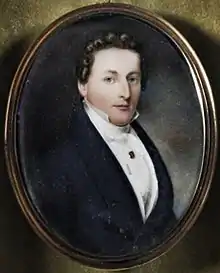 Head and shoulders painting of fair-skinned, dark-haired man, wearing a dark suit, early 19th century, white wing collar, neckcloth, and shirt, with dark button in centre of chest