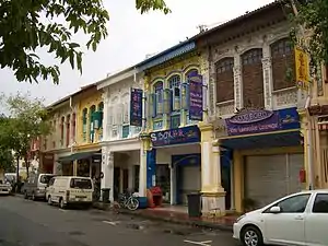 Double storey shophouses at Joo Chiat Lane, a common design in the outer reaches of urban Singapore.