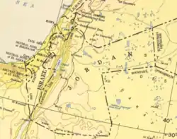 A 1955 map showing Jordan with the West Bank included in national borders. Jordan's western border with Israel in this map was negotiated as part of the 1949 Armistice Agreements.