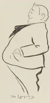 caricature of a large white man of middle age, with a prominent paunch. He is smiling benevolently.