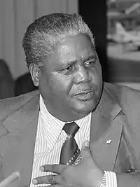 A black-and-white photograph of Joshua Nkomo