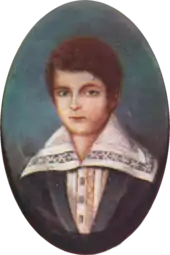 Half-length portrait of a boy with light hair and wearing a jacket over a shirt with an enormous, embroidered collar.