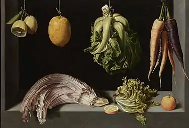 Vegetables and fruits, some suspended by thread.Still Life with Fruits and Vegetables by Juan Sánchez Cotán; c. 1600, 69 × 96 cm, private collection.