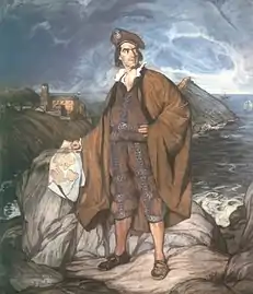 Oil painting of an explorer wearing a cape on a rocky coast.