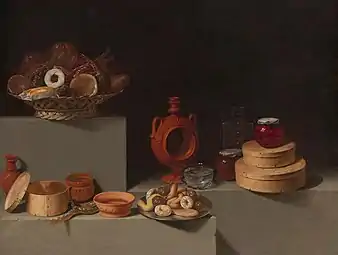 Sweets, pottery, glassware, and wooden containers.Still Life with Sweets and Pottery by Juan van der Hamen; 1627, 85 × 113 cm, National Gallery.