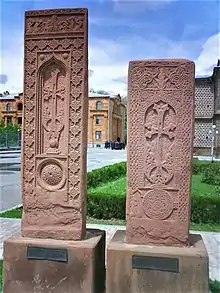 Two Julfa khachkars, dated 1602 and 1603, removed from the graveyard before destruction