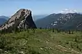 A rock outcropping immediately north of the summit of Jumbo Peak with Mount Rainier in the background