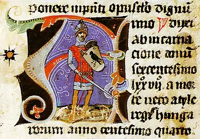 Álmos, Grand Prince of the Hungarians holds a Turul shield in his hand (Chronicon Pictum, 1358)