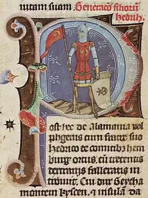 Chronicon Pictum, Hungary, Hungarian nobility, Héder, knight, helmet, flag, shield, ancestor, forefather, Héder family, medieval, chronicle, book, illumination, illustration, history