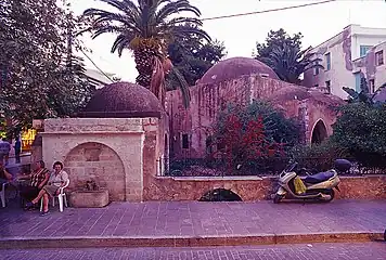 Mosque and fountained surrounded by plantlife.