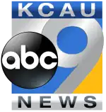 A silvery 9 in a box split between silvery, blue, and yellow pieces, with the ABC logo on top. In a blue box above, the lettering KCAU, and in a silver box below, the word NEWS.