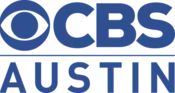 In blue, the CBS eye and the letters C B S above a line and the word Austin in a sans serif.