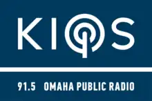 Two navy blue boxes. In the larger blue box are the letters KIOS in a sans serif, with the O stylized to look like a radio tower emitting circular waves. In the smaller box is the text "91.5 Omaha Public Radio" in a condensed sans serif.